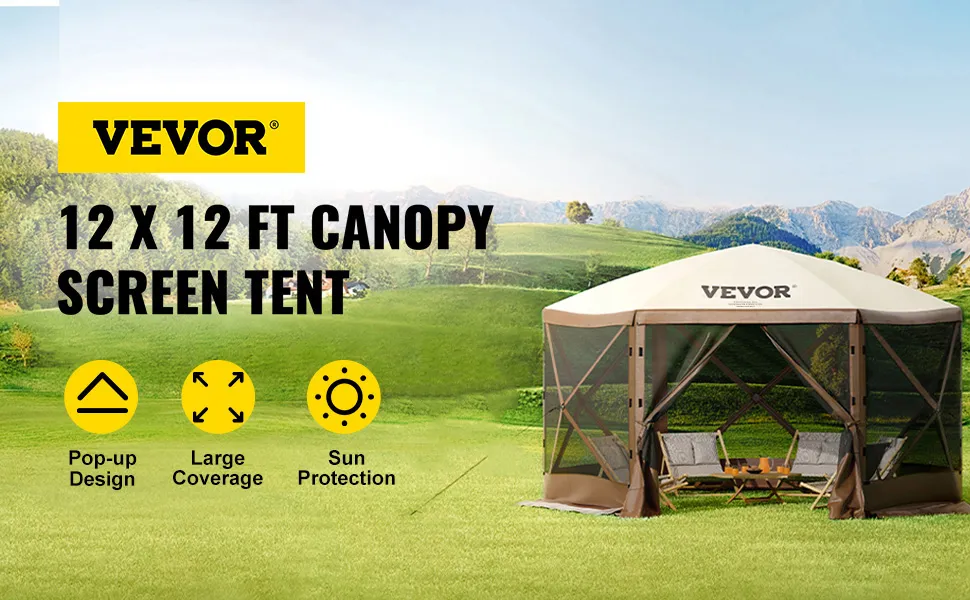 Carpa para acampar VEVOR de 12 x 12 pies con dosel y diseño emergente, gran cobertura, protección solar, resistente al agua.