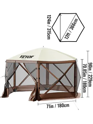 Carpa para acampar VEVOR con dosel beige, laterales de malla y dimensiones detalladas para uso en exteriores.