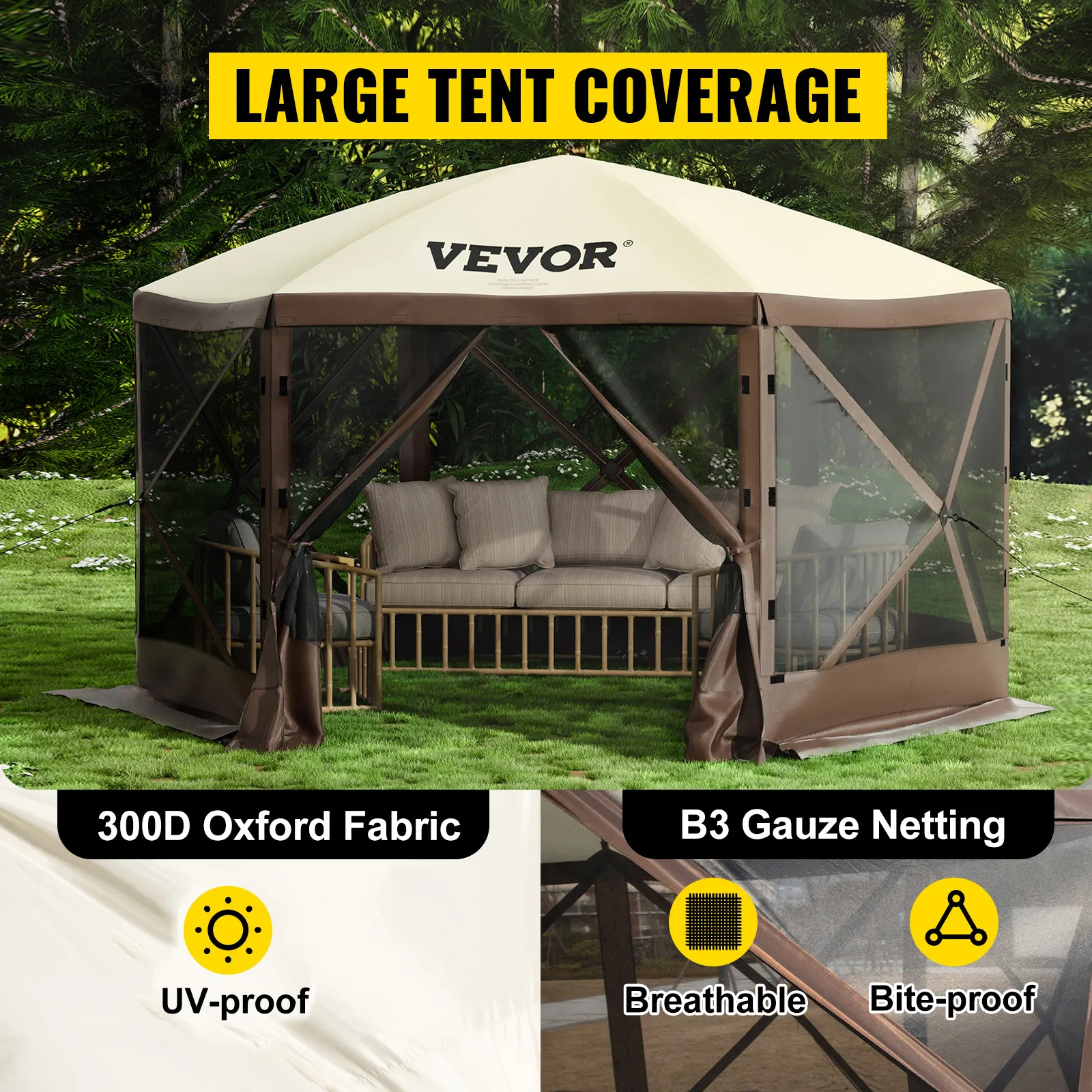 Carpa para acampar VEVOR con gran cobertura de carpa, tela oxford impermeable, a prueba de rayos UV y red transpirable.