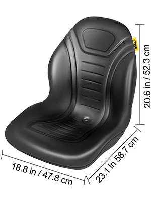 black VEVOR lawn tractor seat with ergonomic design and dimensions.