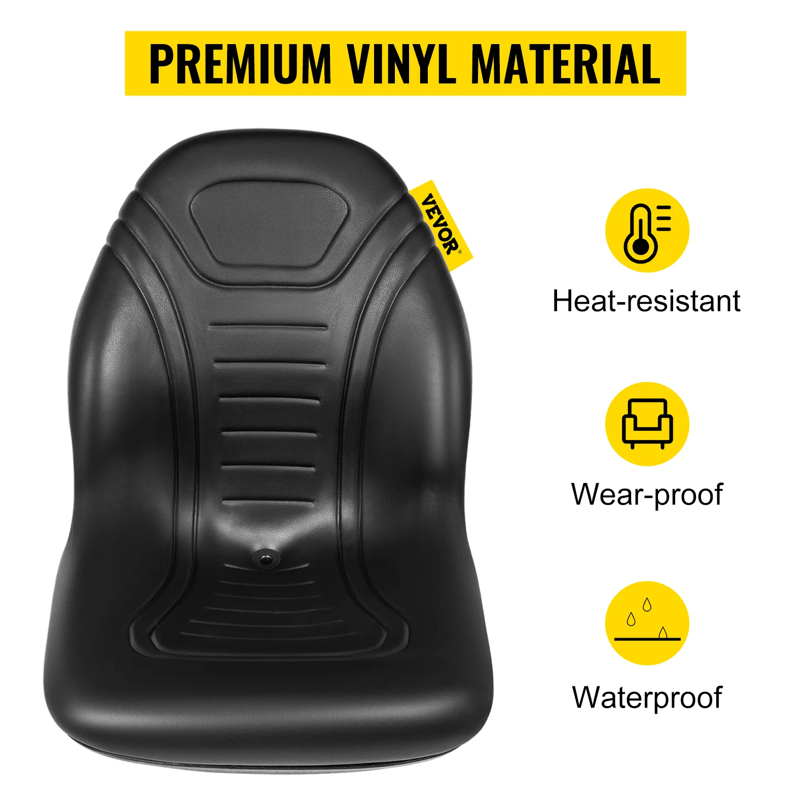 VEVOR lawn tractor seat with heat-resistant, wear-proof, and waterproof vinyl material.
