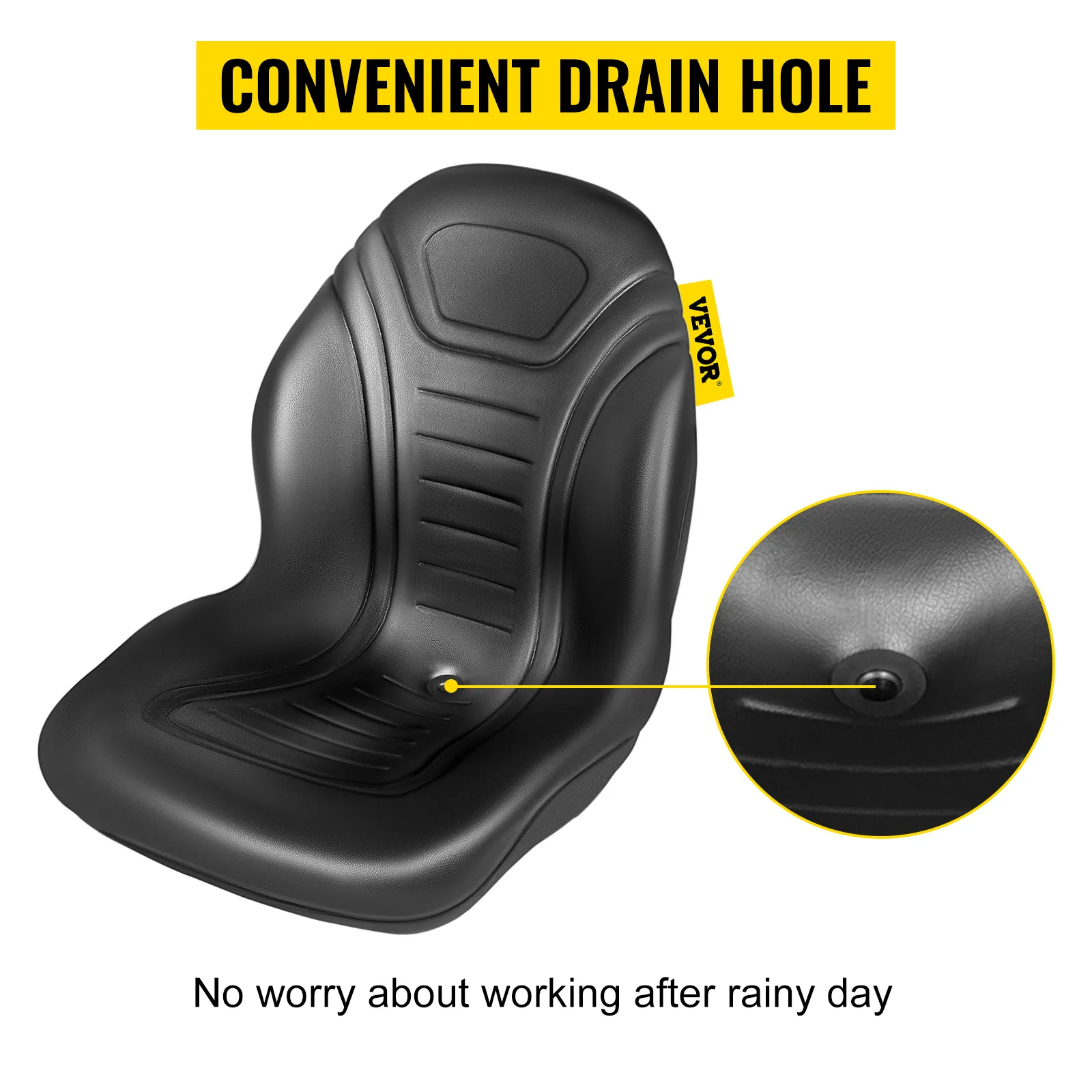 VEVOR lawn tractor seat with convenient drain hole for rainy days.