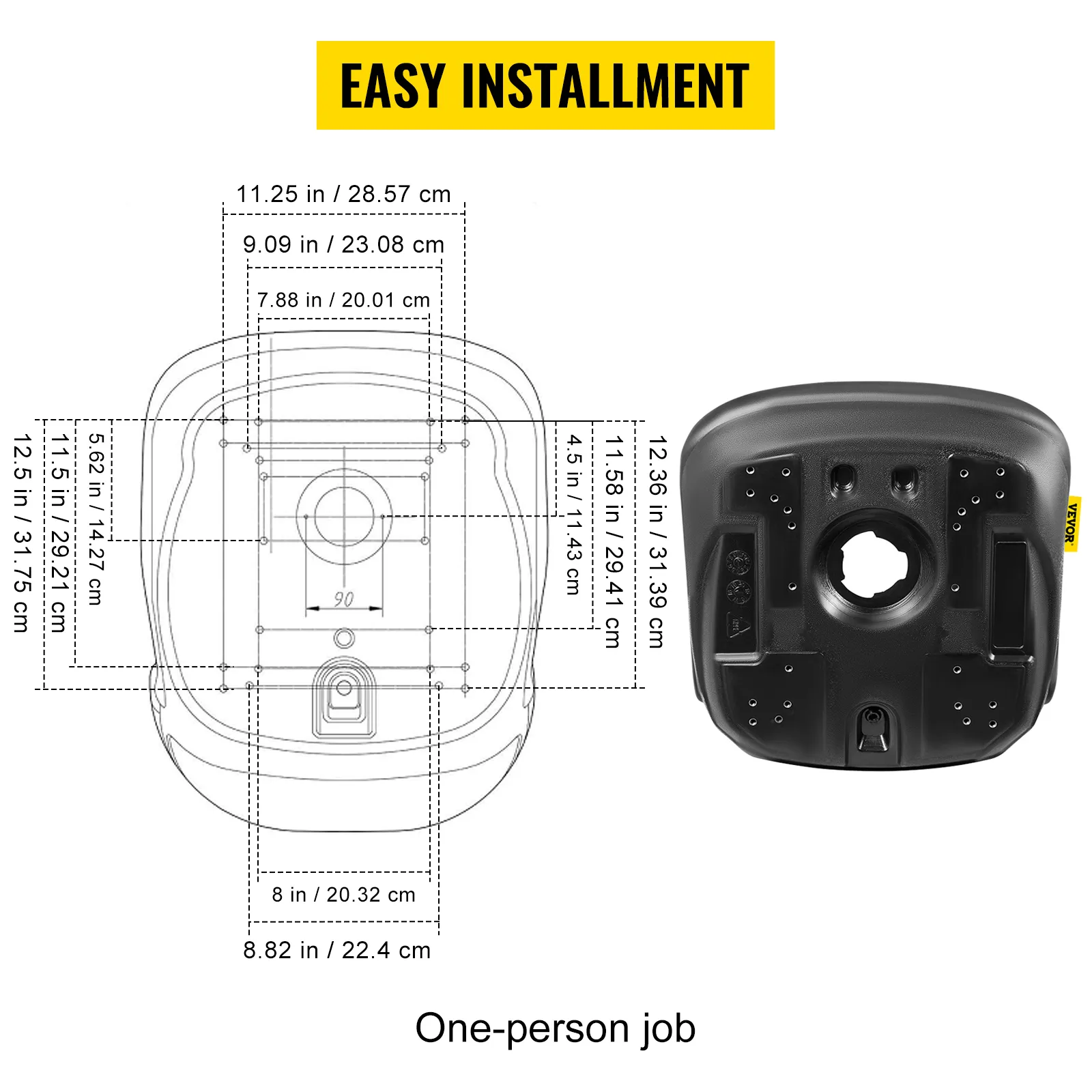 VEVOR lawn tractor seat installation guide with dimensions for easy installment.