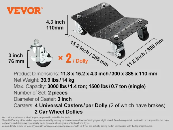 Technische Daten des VEVOR-Rollwagens: 11,8 x 15,2 x 4,3 Zoll, max. 3000 Pfund, 30,9 Pfund, 4 Universalrollen, 2er-Set.