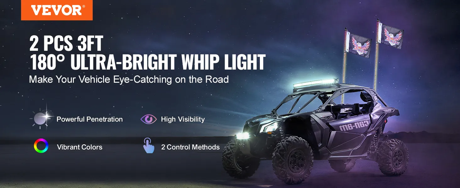 VEVOR led whip lights for vehicles, 2 pcs 3ft, 180° ultra-bright, vibrant colors, high visibility.