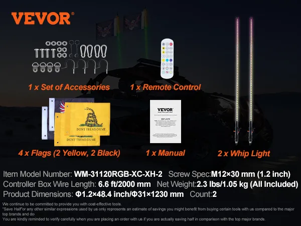 VEVOR whip light kit includes 2 whip lights, remote control, accessories, manual, and 4 flags.