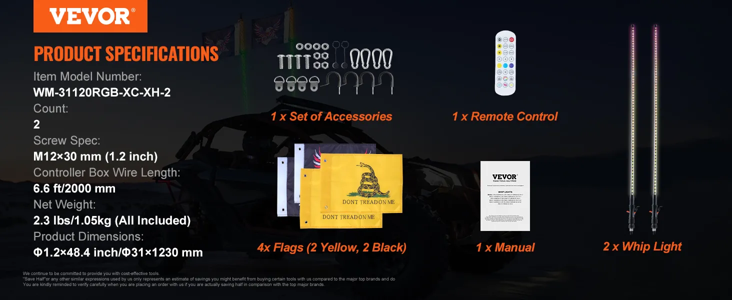 VEVOR whip light kit includes 2 whip lights, remote control, accessories, manual, and 4 flags.