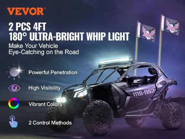 VEVOR whip light: 2 pcs 4ft 180° ultra-bright whip light on off-road vehicle, night background.