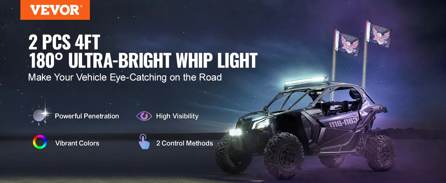 VEVOR whip light: 2 pcs 4ft 180° ultra-bright whip light on off-road vehicle, night background.
