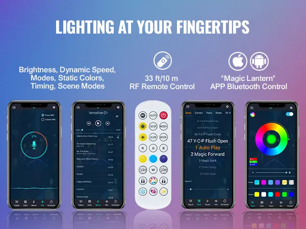 VEVOR whip light control via magic lantern app, dynamic modes, scene modes, bluetooth, and rf remote.