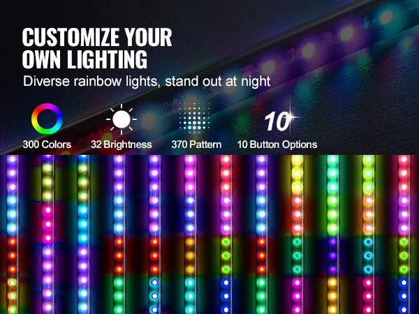customize your lighting with VEVOR whip light; vibrant led strips, 300 colors, 370 patterns, 32 brightness levels.