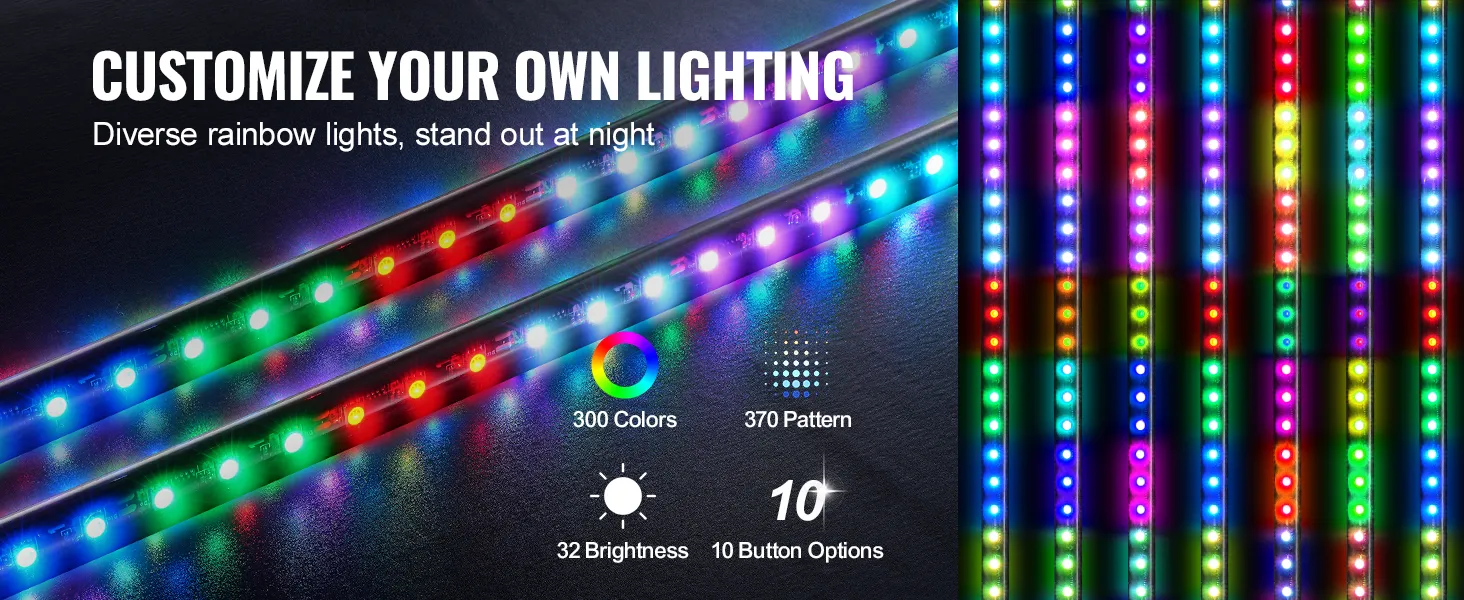 customize your lighting with VEVOR whip light; vibrant led strips, 300 colors, 370 patterns, 32 brightness levels.