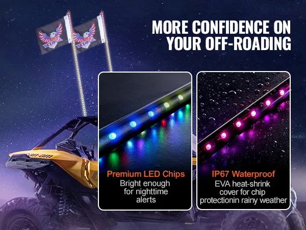 yellow off-road vehicle with VEVOR whip light flags, showcasing waterproof and premium led chips.