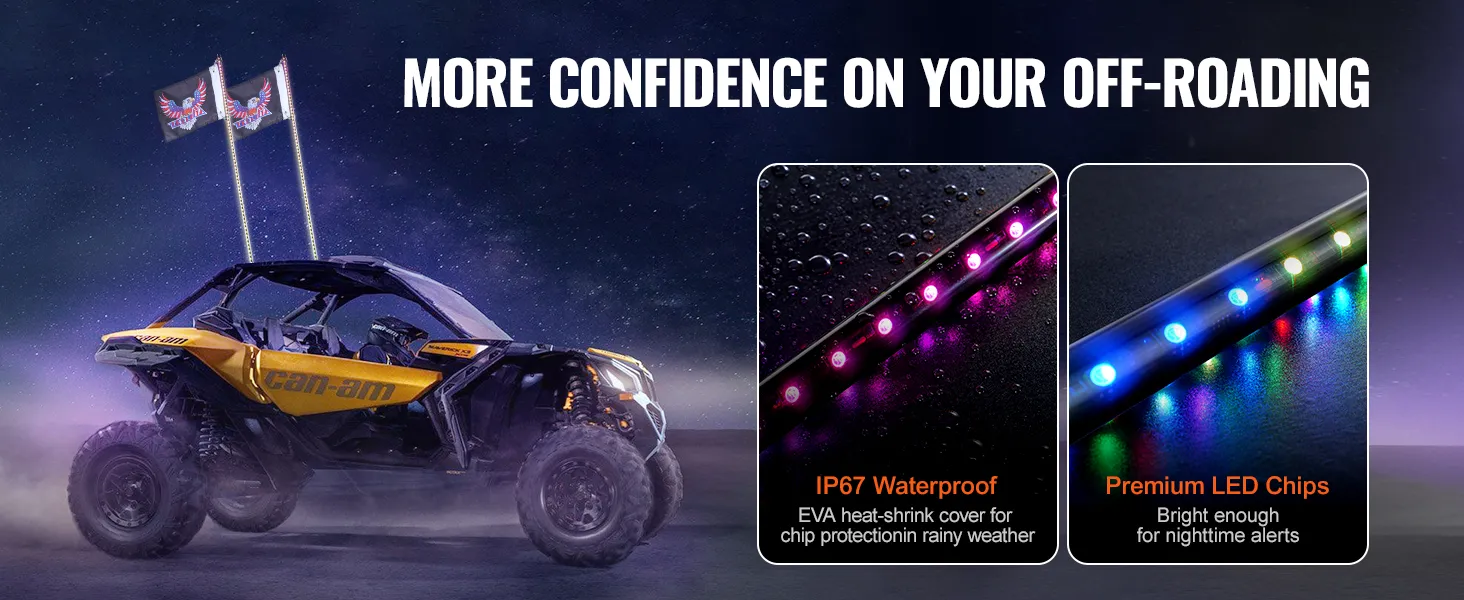 yellow off-road vehicle with VEVOR whip light flags, showcasing waterproof and premium led chips.