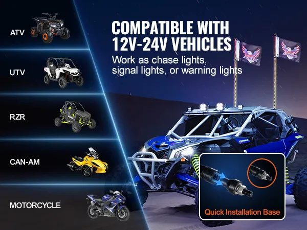 compatible with atv, utv, rzr, can-am, and motorcycles; the VEVOR whip light fits 12v-24v vehicles.