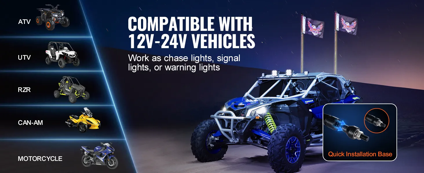 compatible with atv, utv, rzr, can-am, and motorcycles; the VEVOR whip light fits 12v-24v vehicles.