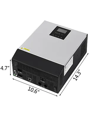 Falownik solarny VEVOR 2400 W z wyświetlaczem LCD i wymiarami 14,3" x 10,6" x 4,7".