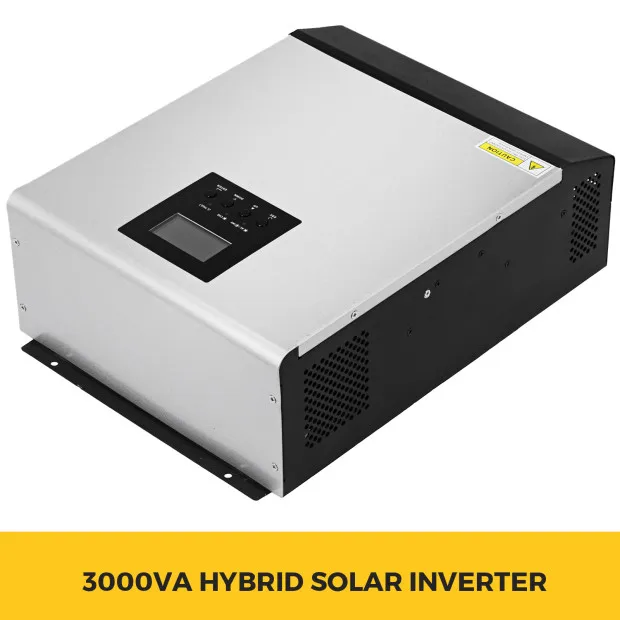 Hybrydowy falownik solarny o mocy 3000 VA z wyświetlaczem cyfrowym, obudową w kolorze czarno-srebrnym i logo VEVOR.