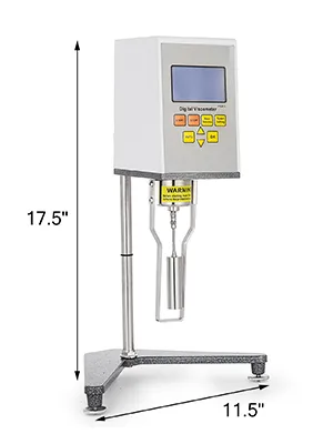 Viscosímetro digital VEVOR sobre soporte con dimensiones etiquetadas 17,5" y 11,5".