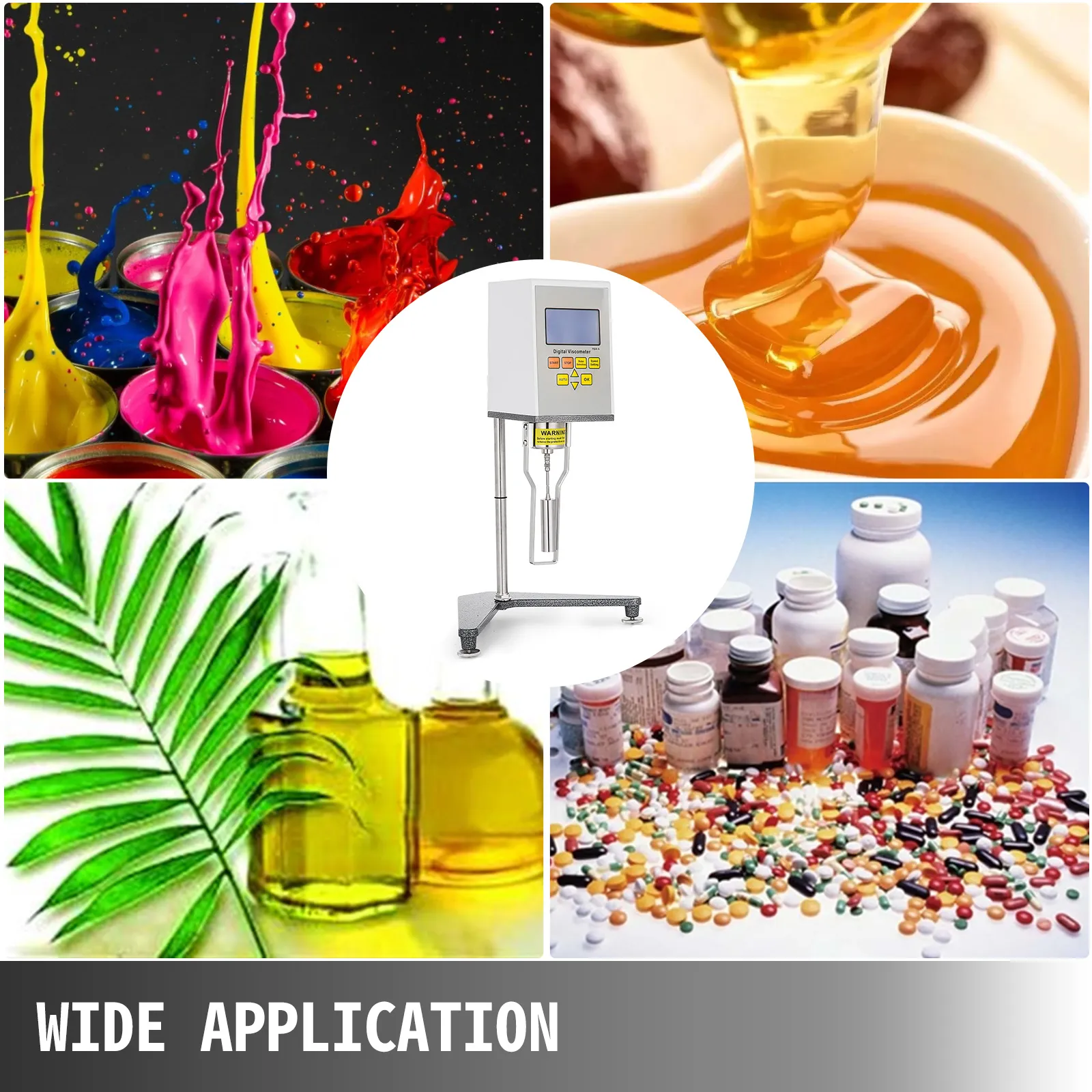 Viscosímetro digital VEVOR que muestra diversas aplicaciones: pintura, miel, aceites y productos farmacéuticos.