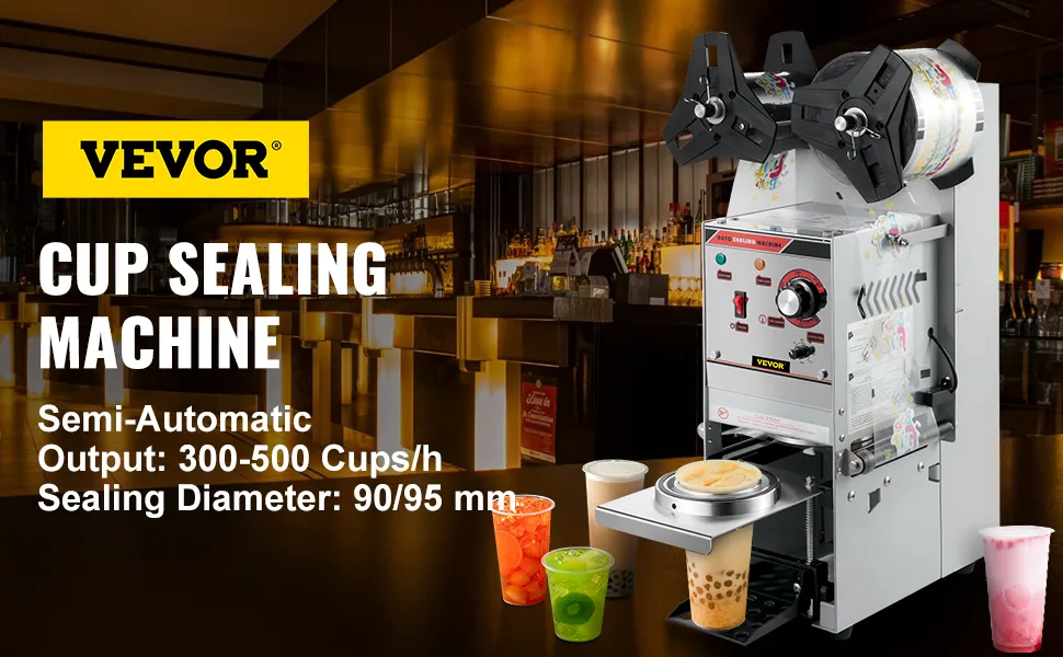 VEVOR cup sealing machine in a café with 300-500 cups output and 90/95 mm sealing.