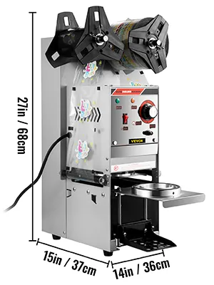 VEVOR cup sealing machine with dimensions 27in x 15in x 14in for bubble tea sealing.