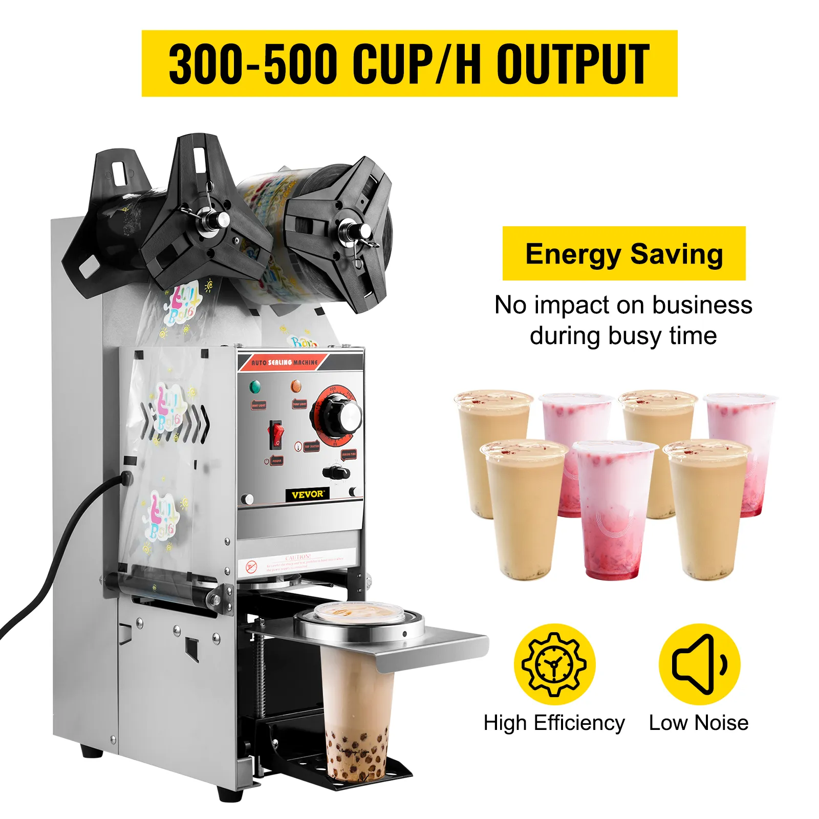 VEVOR cup sealing machine with 300-500 cup/h output, energy saving, and efficient use.