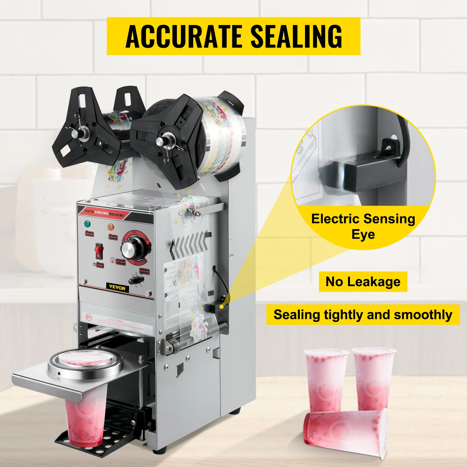 VEVOR cup sealing machine featuring accurate sealing, no leakage, and an electric sensing eye.