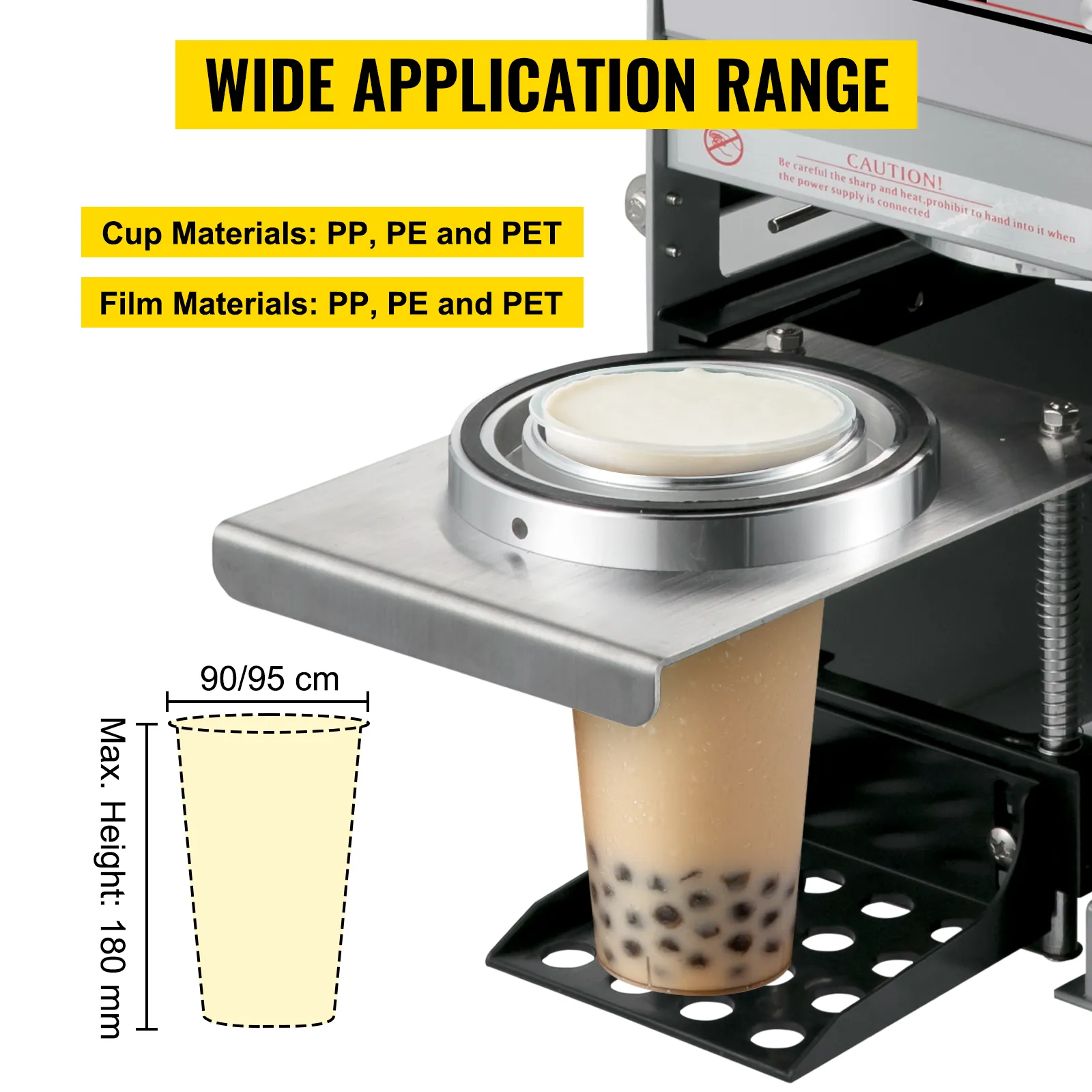VEVOR cup sealing machine with boba cup and materials info.