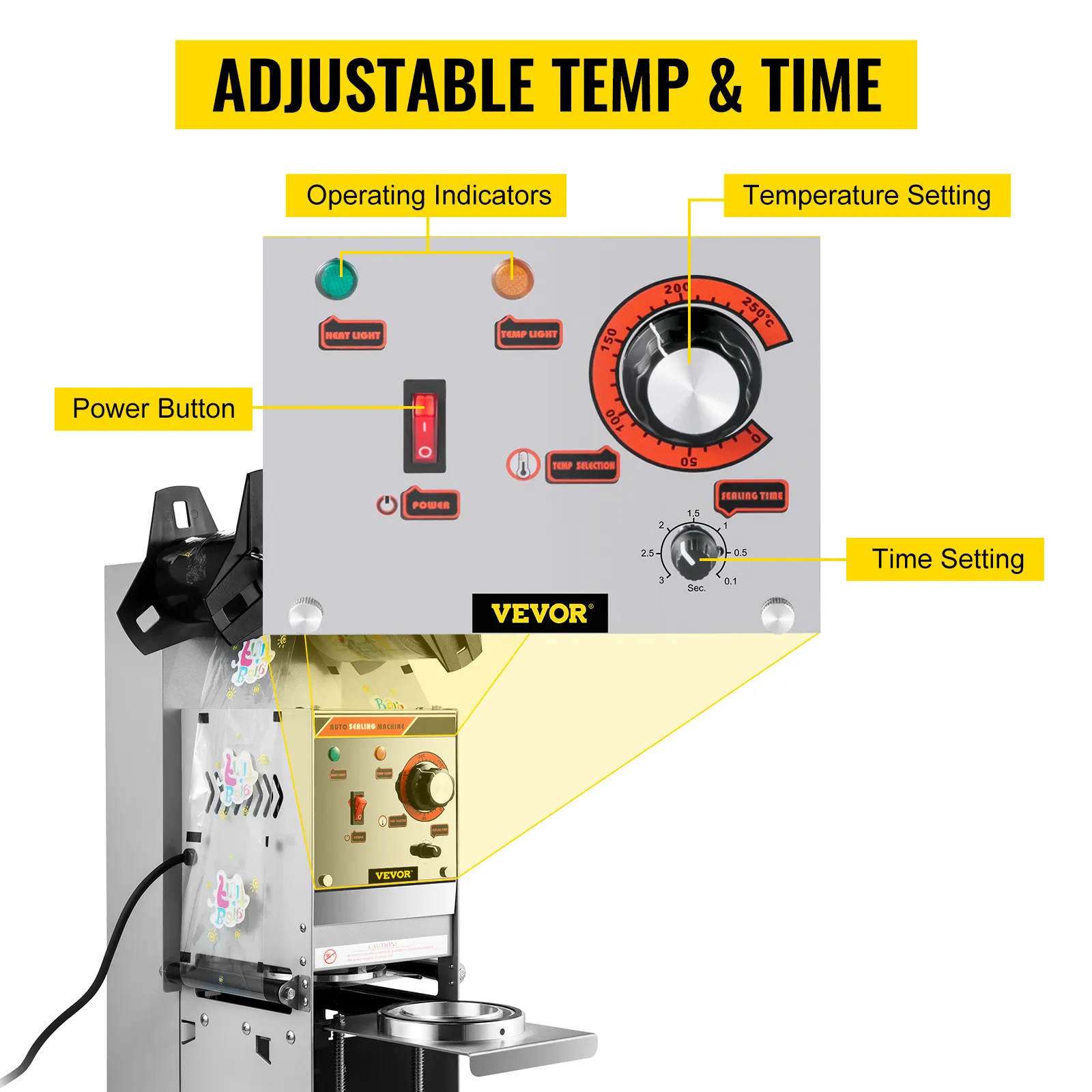 VEVOR cup sealing machine with adjustable temperature and time settings, power button.