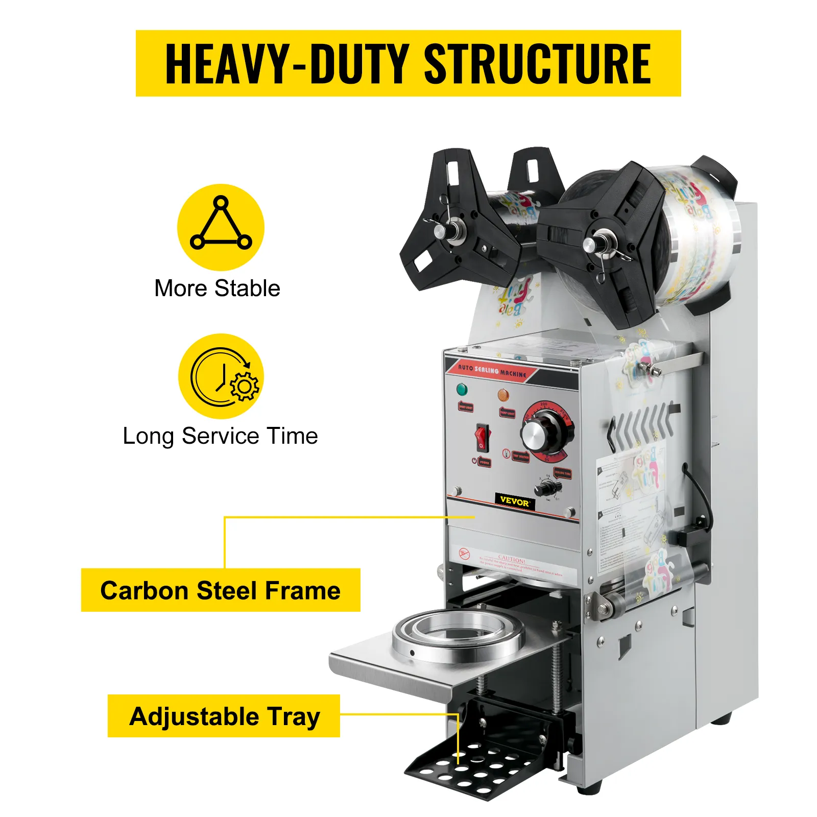 VEVOR cup sealing machine with adjustable tray and carbon steel frame, ensuring stability.