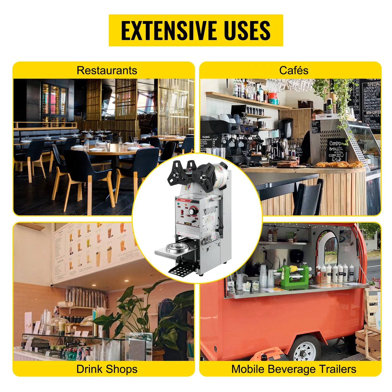 extensive uses: VEVOR cup sealing machine in restaurants, cafés, drink shops, and trailers.