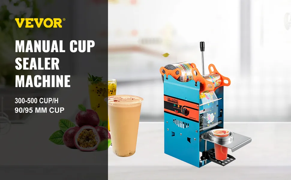 VEVOR manual cup sealer machine with sealed drink and fresh passion fruit