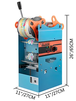VEVOR tea cup sealer machine, blue, 26"/65cm height, 11"/27cm width and depth.
