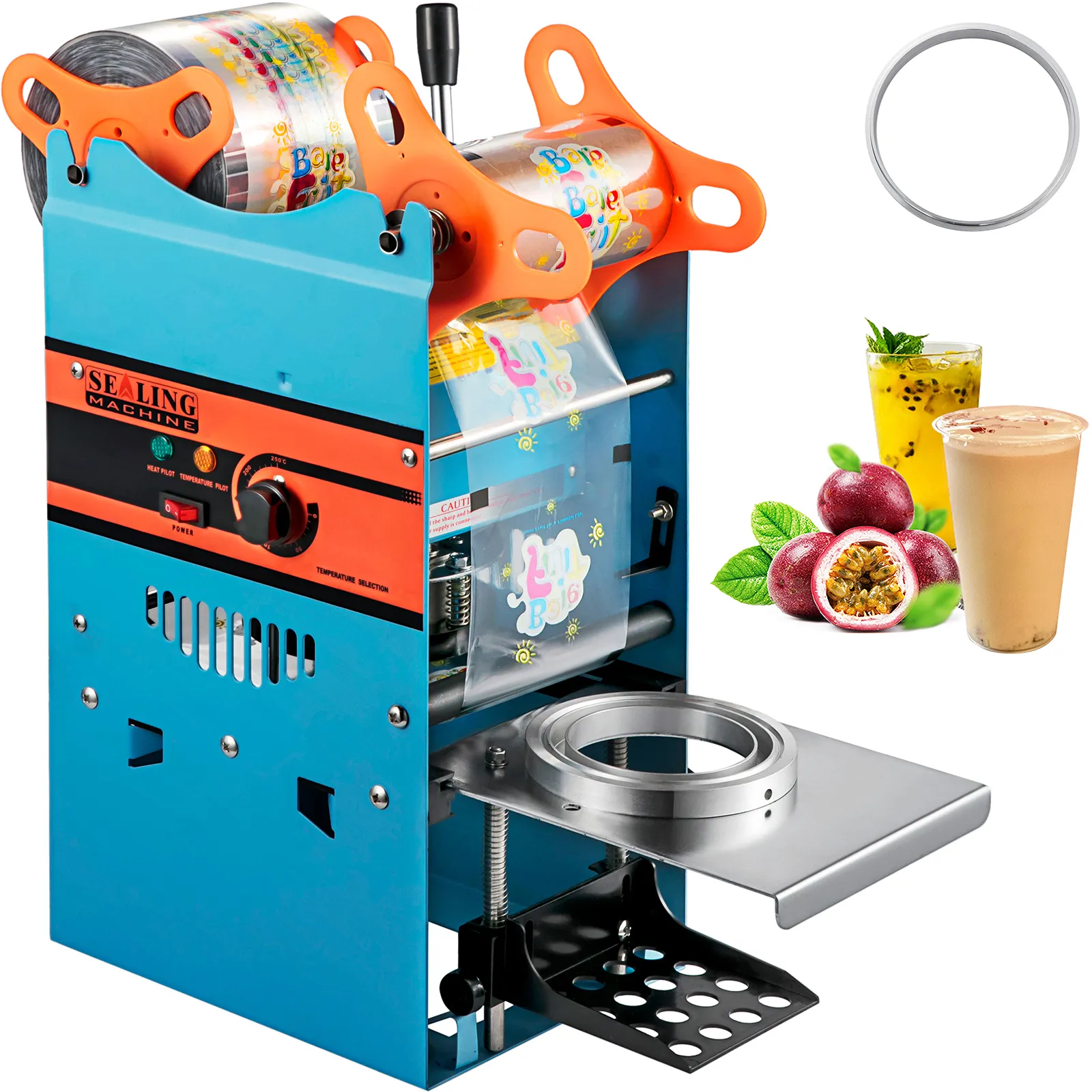 VEVOR tea cup sealer machine with fruit drinks and bubble tea cup illustrations.