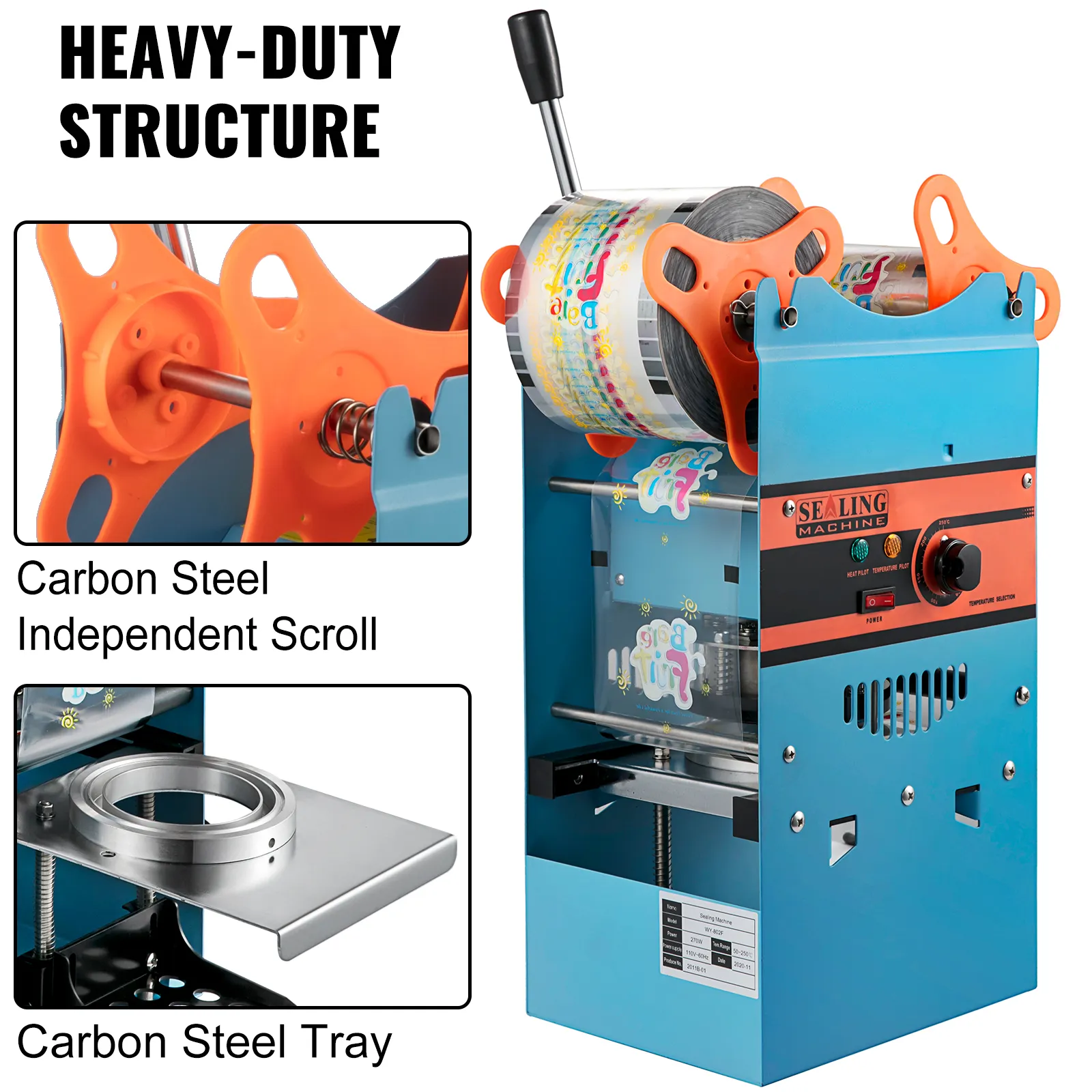 VEVOR tea cup sealer machine with heavy-duty carbon steel structure and independent scroll.