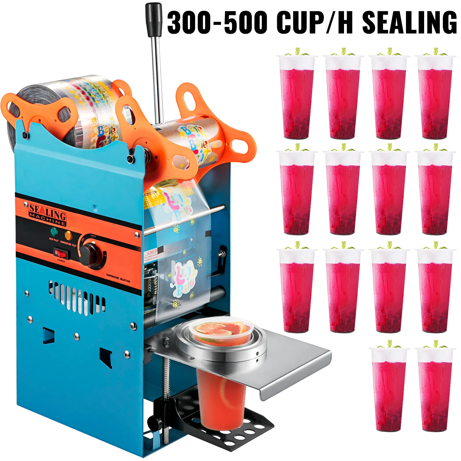 VEVOR tea cup sealer machine sealing multiple pink drinks, 300-500 cups per hour.