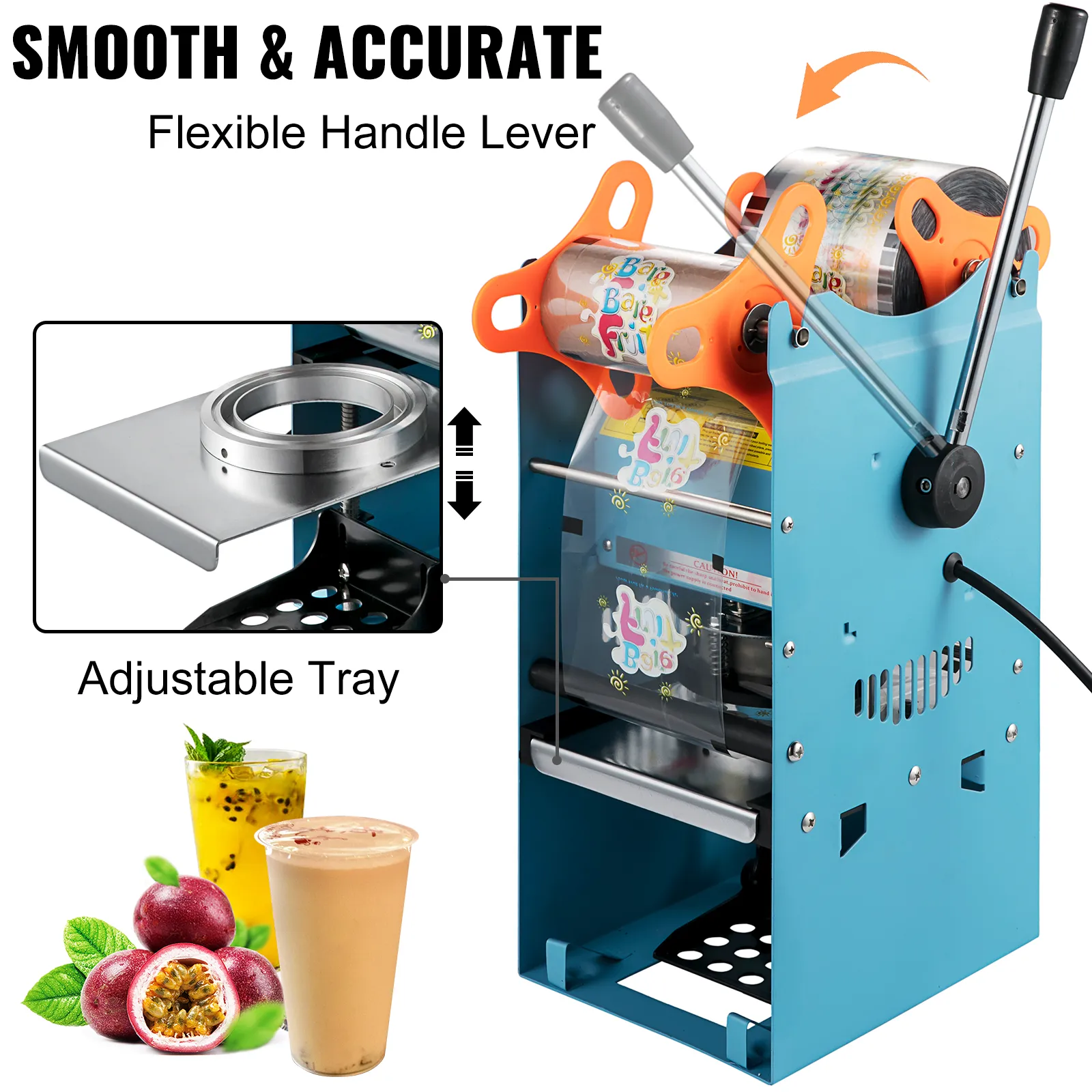 VEVOR tea cup sealer machine with flexible handle lever and adjustable tray.