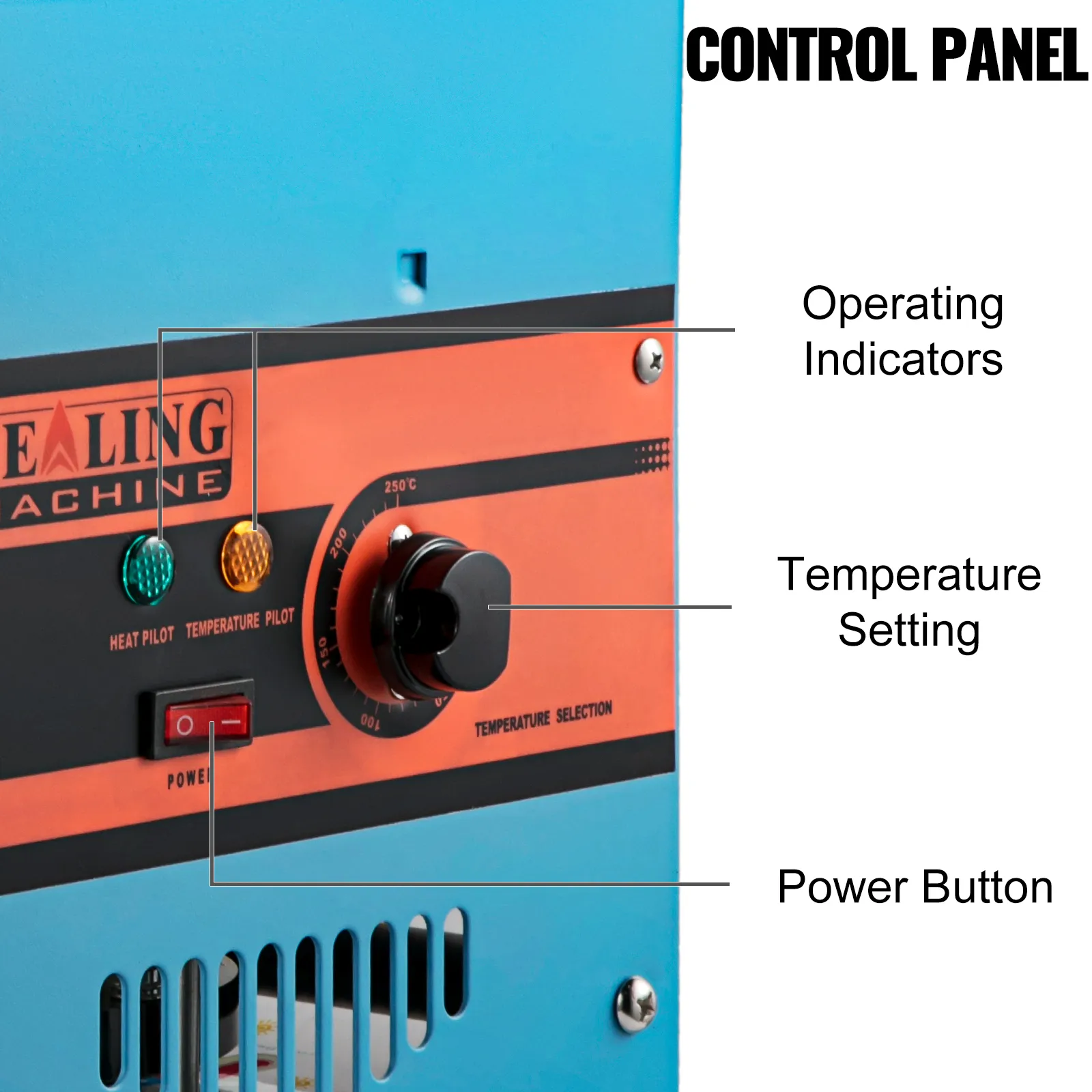 VEVOR tea cup sealer machine control panel with indicators, temperature setting, and power button.