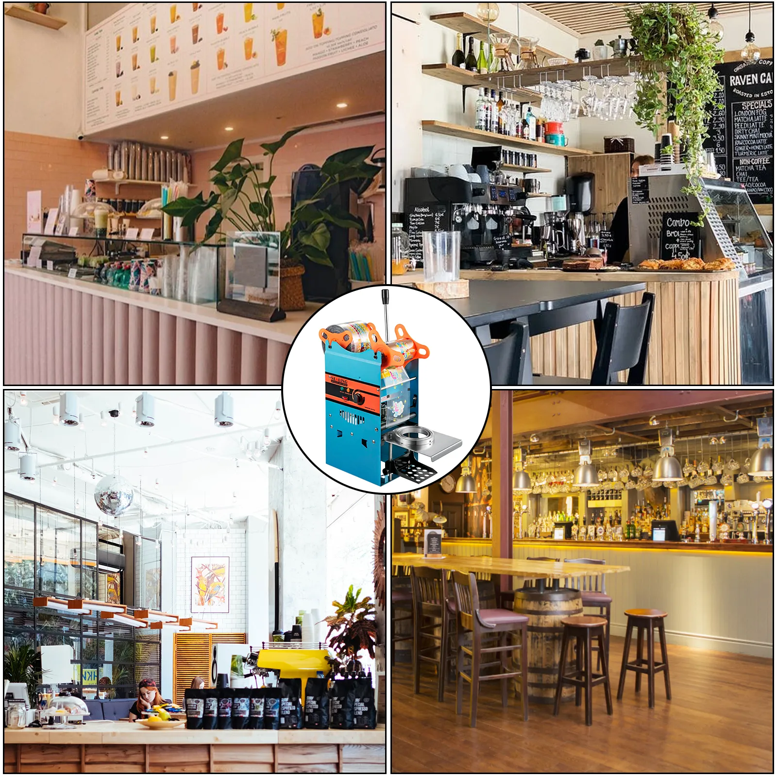cafés and bars showcasing diverse styles with a VEVOR tea cup sealer machine highlighted.