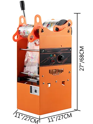 Máquina selladora de tazas de té naranja VEVOR con dimensiones de 27"/68 cm x 11"/27 cm.