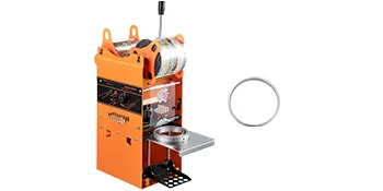 Máquina selladora de tazas de té VEVOR color naranja con tapa de sellado circular y asa en la parte superior.