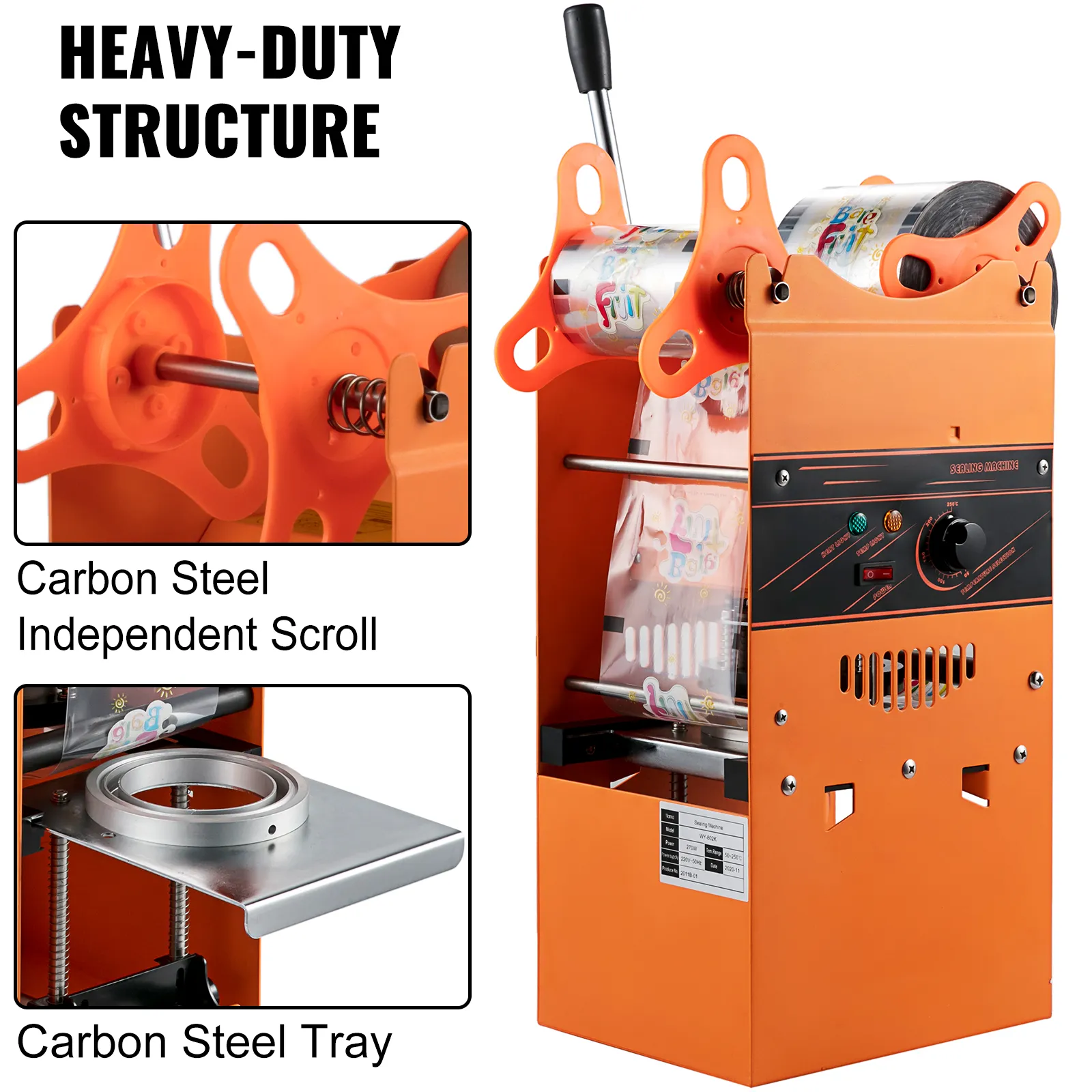 Máquina selladora de tazas de té VEVOR con bandeja de acero al carbono y desplazamiento independiente.