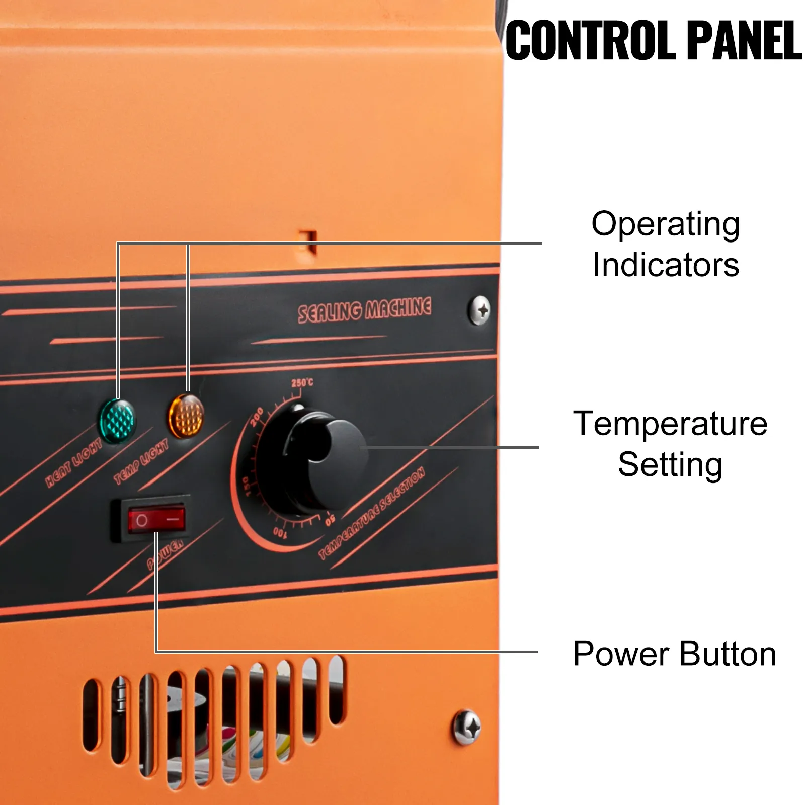 Panel de control de la máquina selladora de tazas de té VEVOR con indicadores, ajuste de temperatura y botón de encendido.