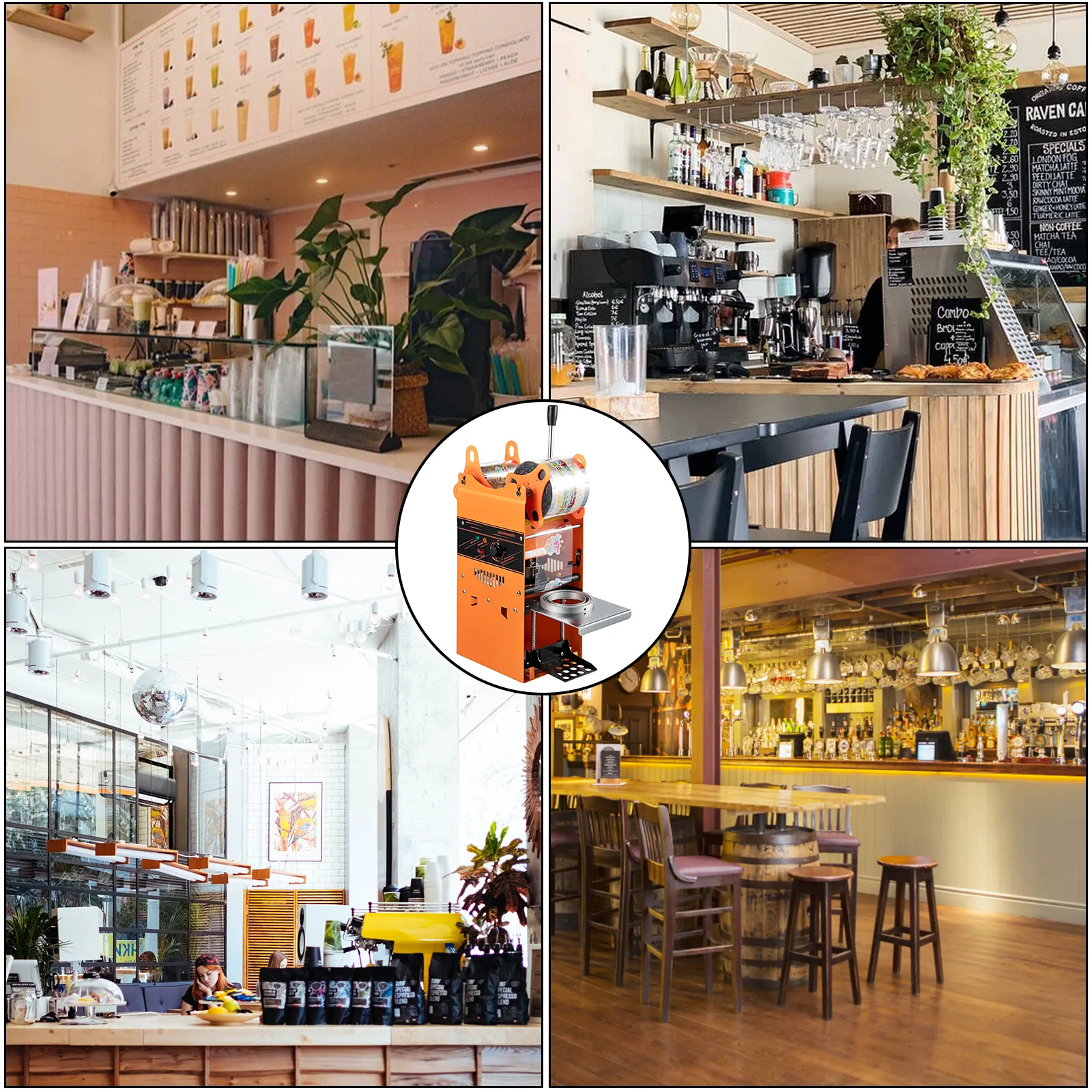 Máquina selladora de tazas de té VEVOR en cafeterías y cafés modernos