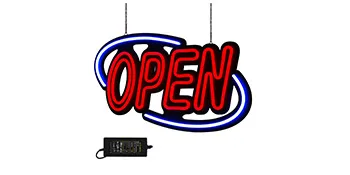 Letrero abierto de neón VEVOR en color rojo con borde azul, colgante con módulo de fuente de alimentación.