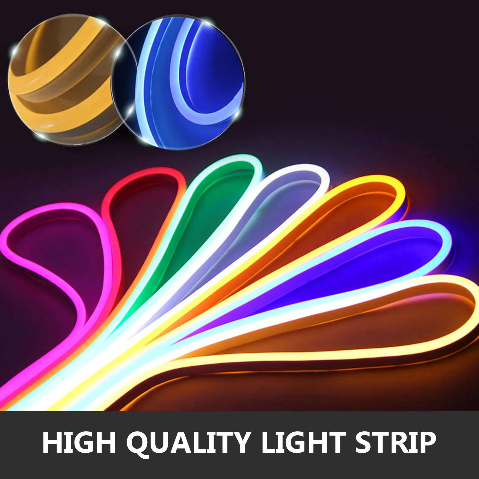 Tiras de luz de neón multicolor en formas curvas con primeros planos detallados, "tira de luz de alta calidad".