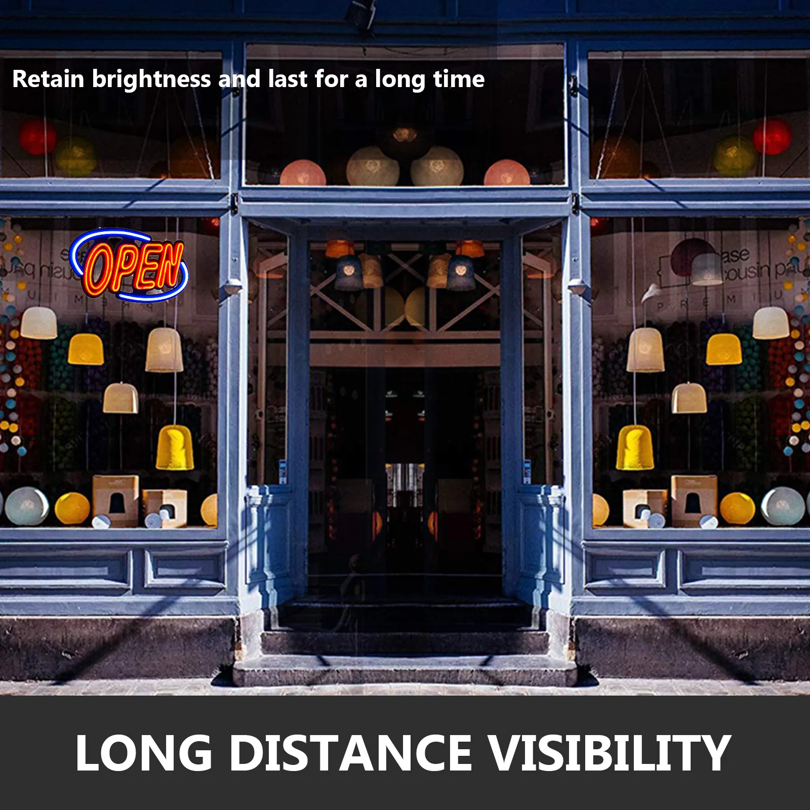 Letrero de neón VEVOR abierto iluminado con neón en una exhibición de escaparate de colores brillantes.