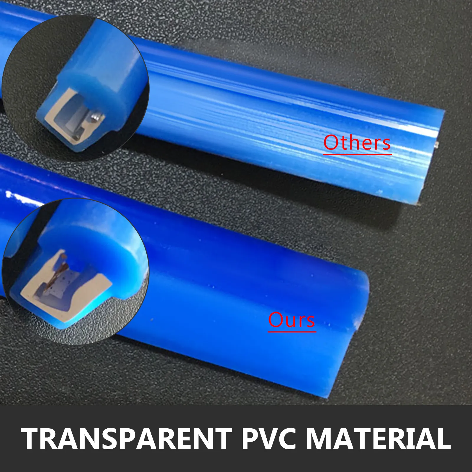 Comparación del material de PVC transparente para el letrero abierto de neón VEVOR, que muestra "lo nuestro" frente a "lo otro".
