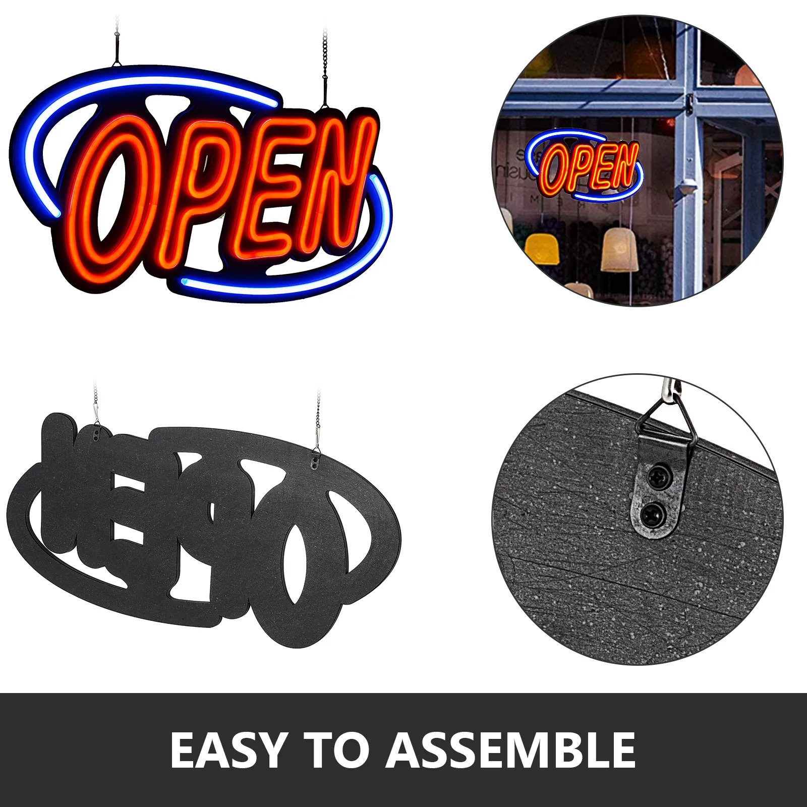 Letrero abierto de neón VEVOR con función de fácil montaje, exhibido en un escaparate.